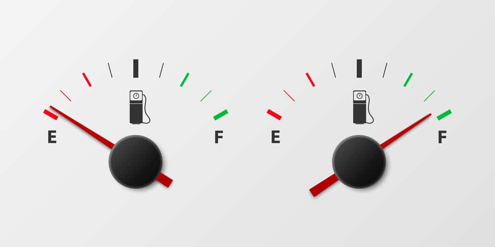 Two fuel levels of a car, the left side has an empty fuel level while the right side has a full fuel level. 