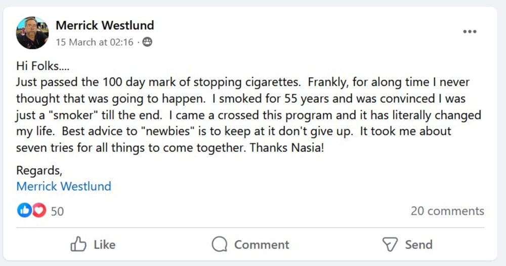 Merrick Westlund celebrates his 100-day smoke-free milestone.