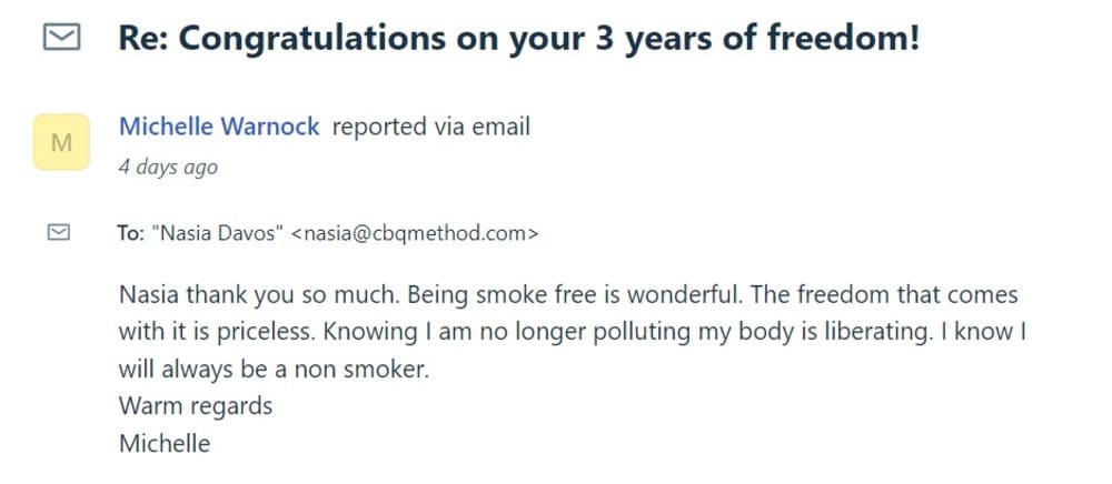 CBQ Program member Michelle Warnock is still smoke-free after 3 years.