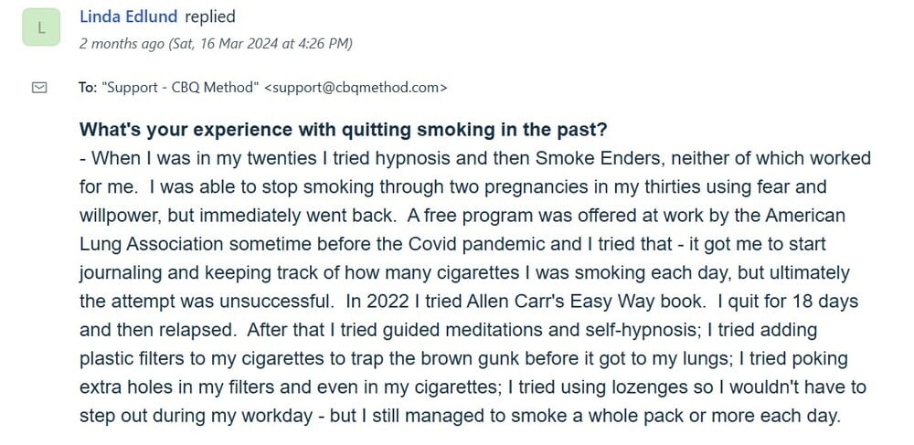 CBQ Program member Linda Edlund quit smoking experience