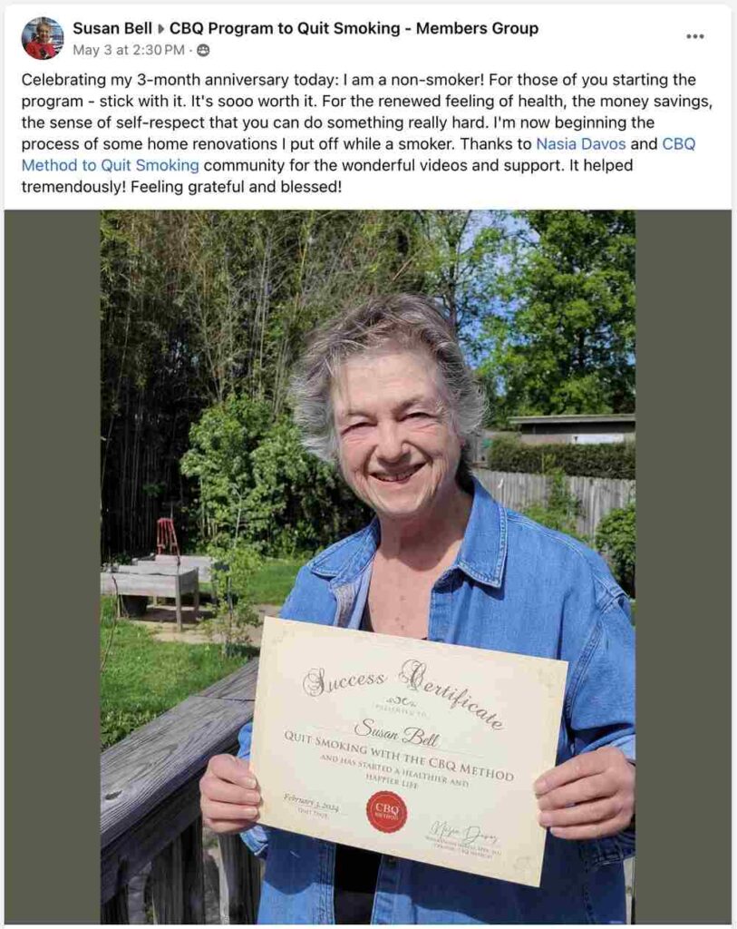 Susan Bell holding her CBQ Success Certificate