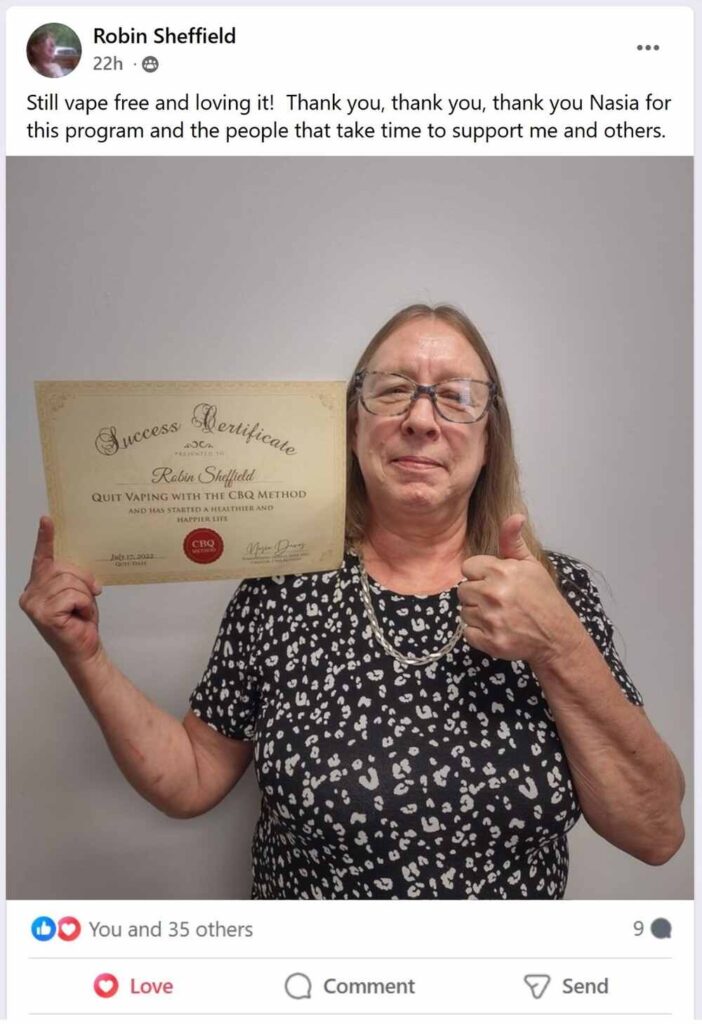 CBQ Program member Robin Sheffield holding her CBQ Success Certificate