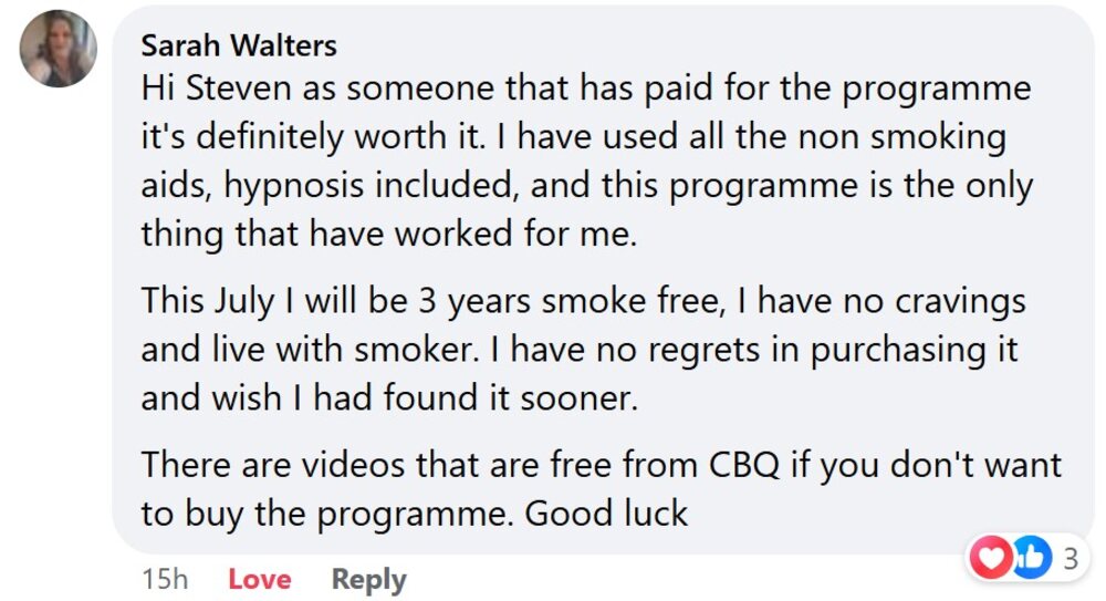 Sarah Walters recommending the CBQ Program as she's soon to be 3 years smoke-free with the help of the CBQ Program