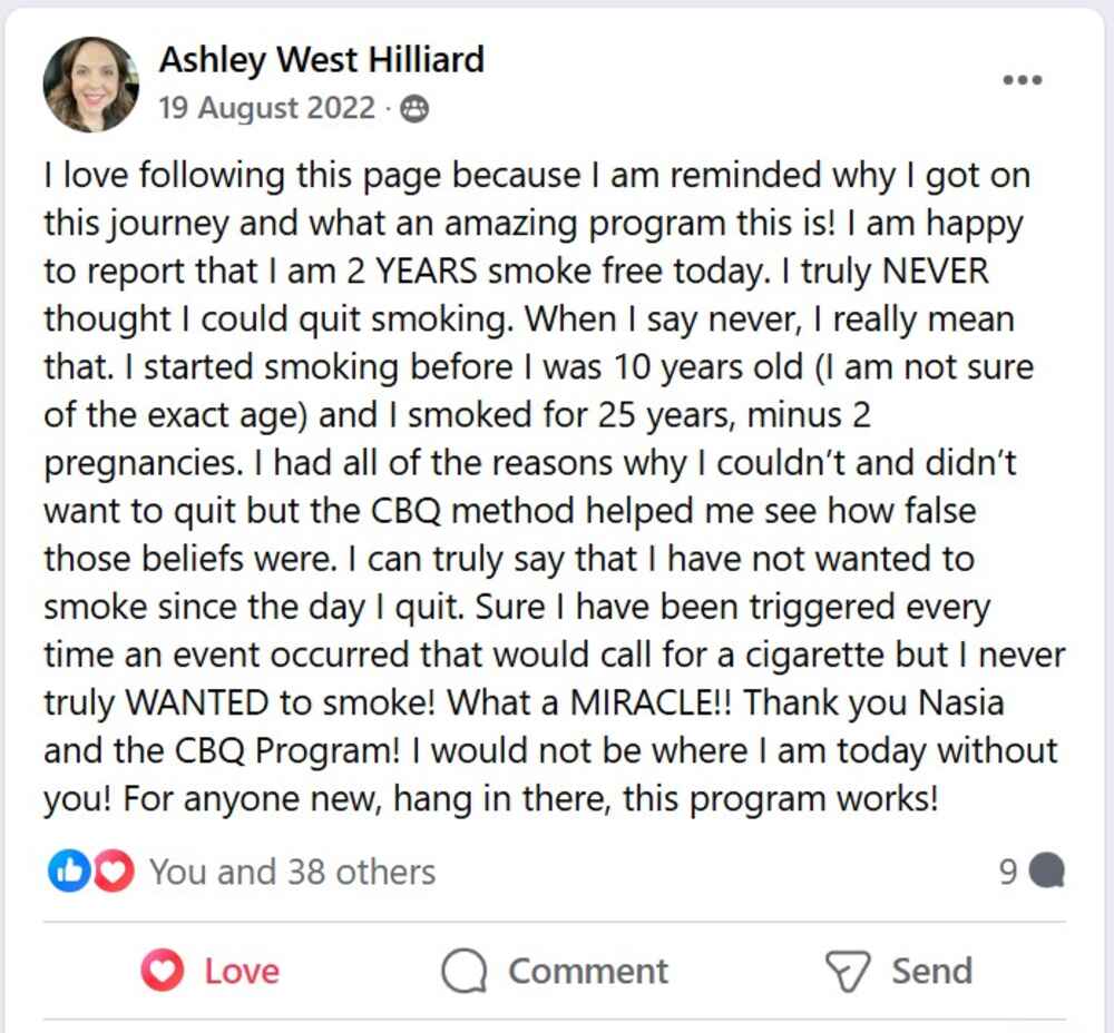 CBQ Program member Ashley West Hilliard's post when she celebrated 2 years smoke-free