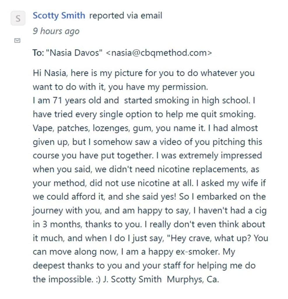 CBQ Program member Scotty Smith's email 3 months after quitting smoking