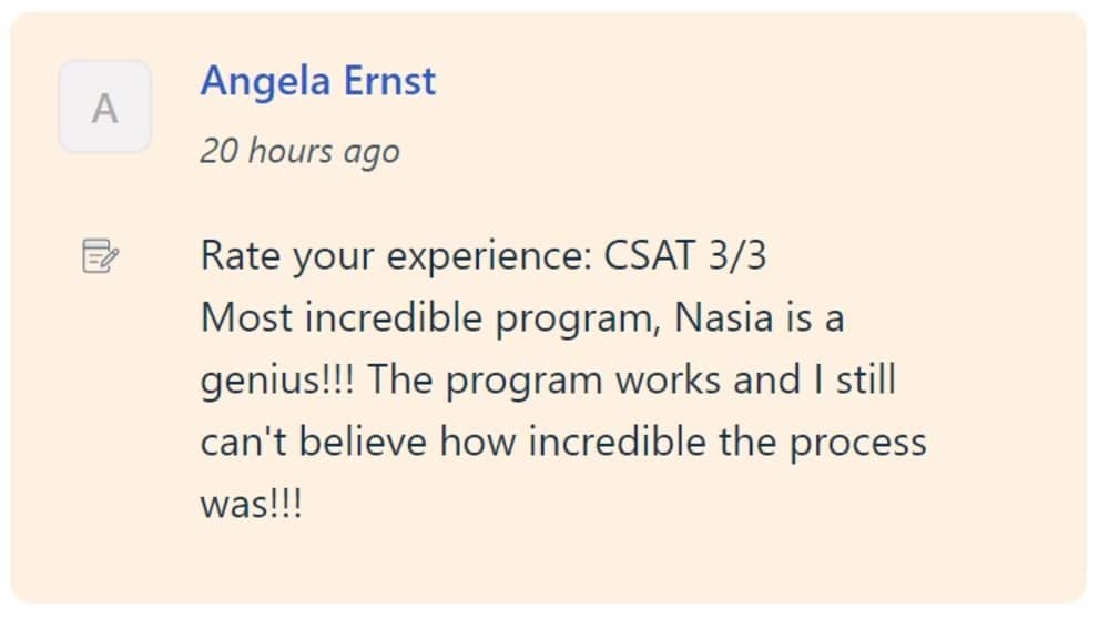 CSAT feedback from Angela Ernst