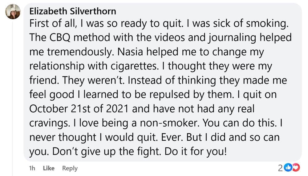 CBQ Program member Elizabeth Silverthorn quit smoking on October 21, 2021