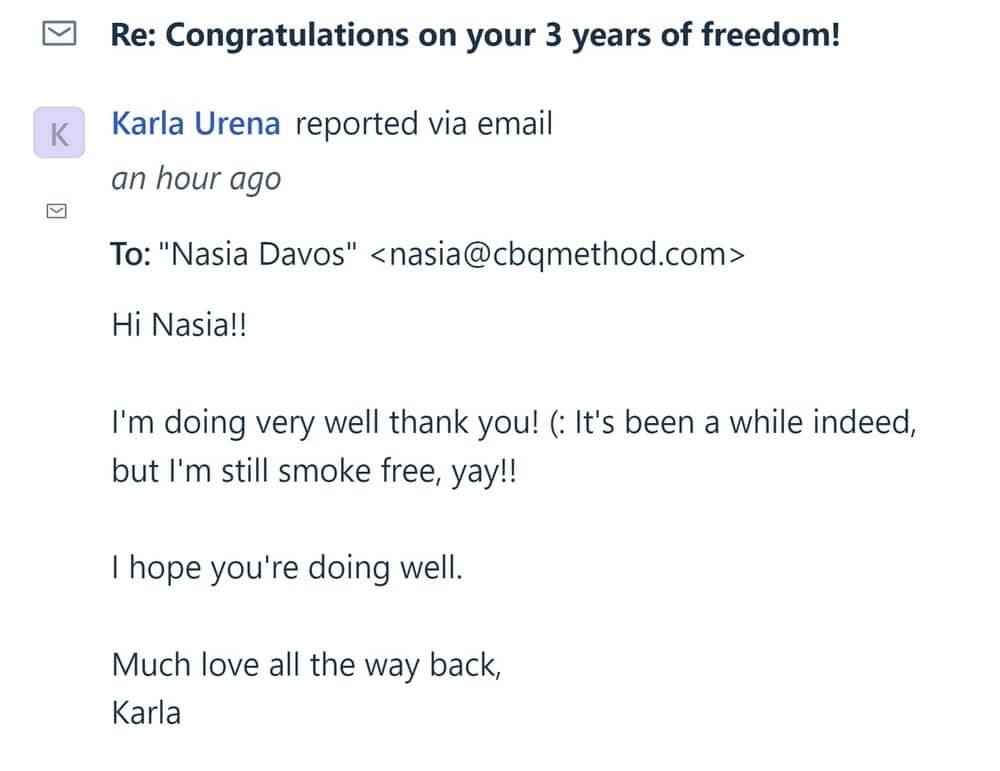 CBQ Program member Karla Urena 3 years smoke-free