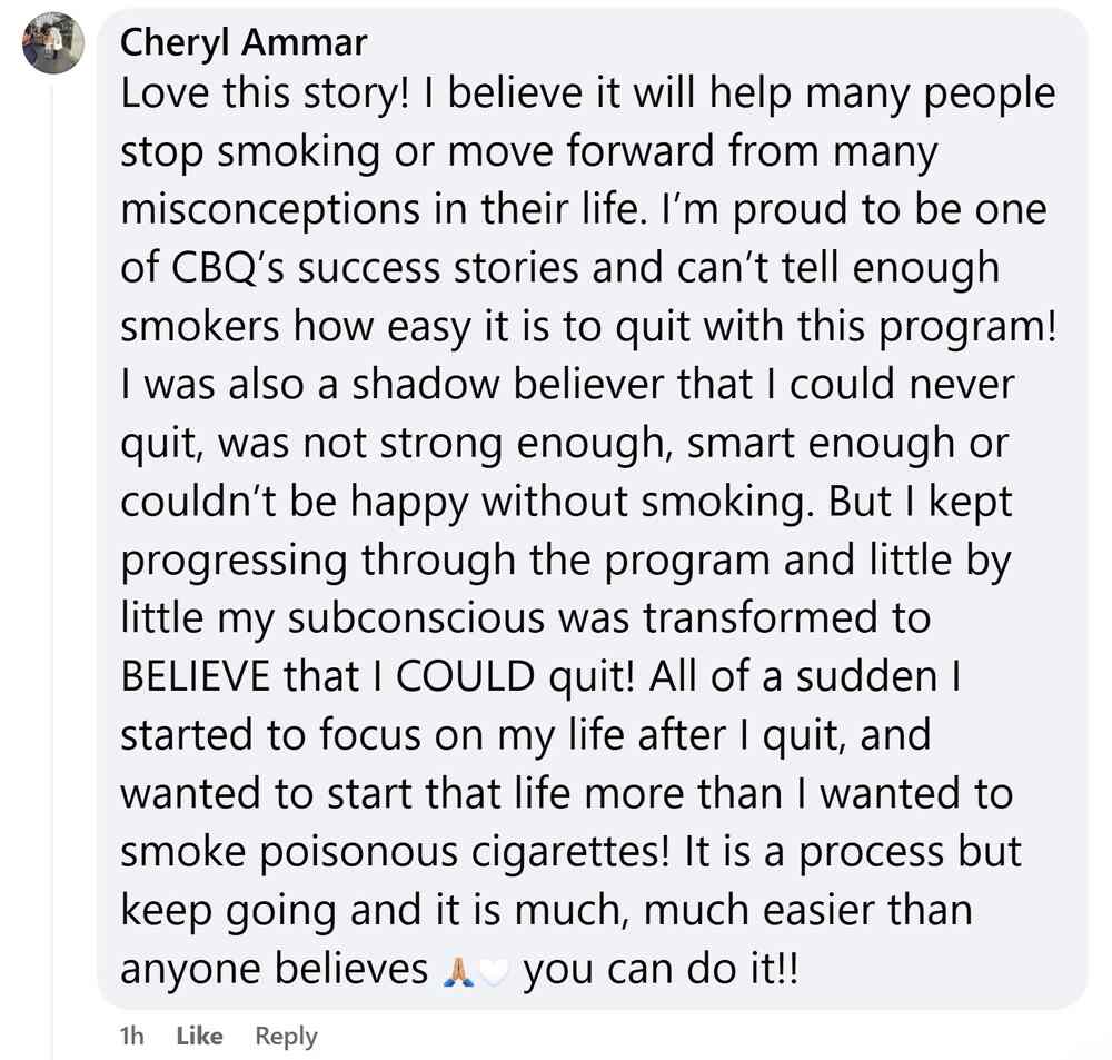 Quit smoking success story from CBQ Program member Cheryl Ammar