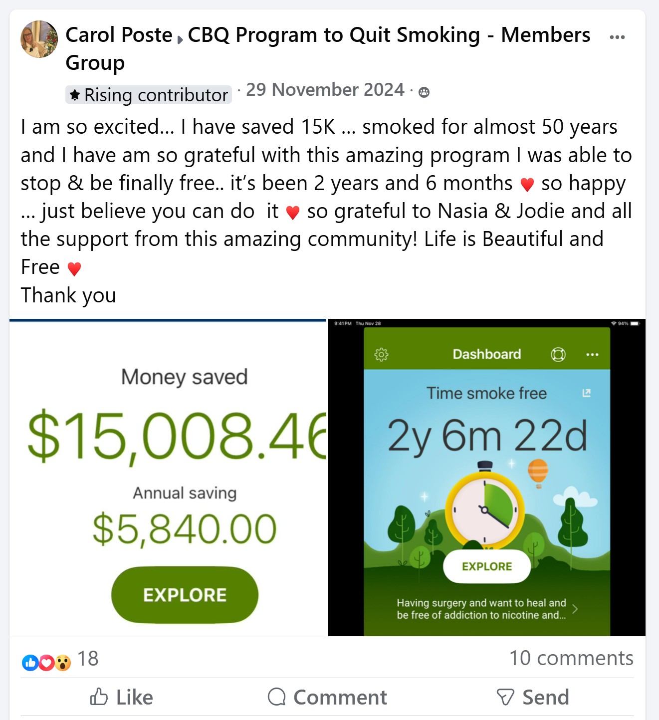 CBQ Program member Carol Poste saved over 15k after quitting smoking