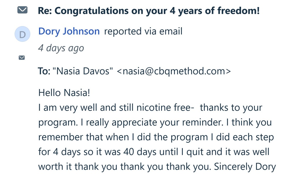 CBQ Program member Dory Johnson celebrates being 4 years smoke-free