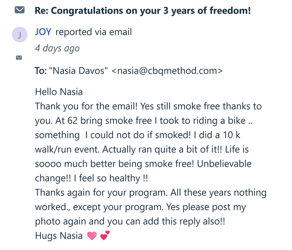 CBQ Program member Joy Aelbers celebrates 3 years smoke-free