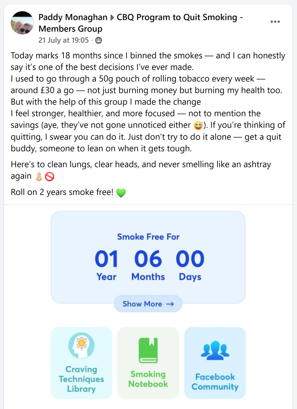 CBQ Quit Smoking Program member Paddy Monaghan celebrates 18 months smoke-free