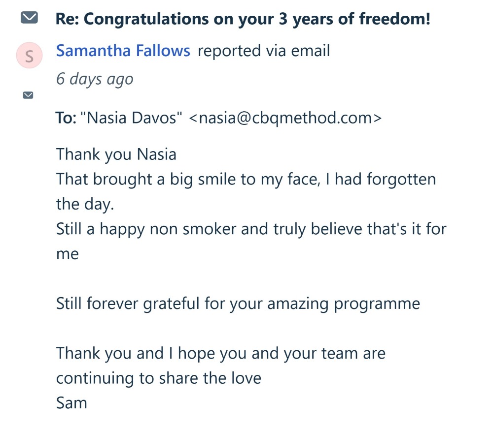 CBQ Program member Sam Fallows celebrates 3 years smoke-free