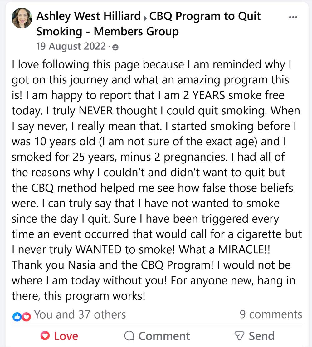 CBQ Program member Ashley Hilliard 2 years smoke-free post