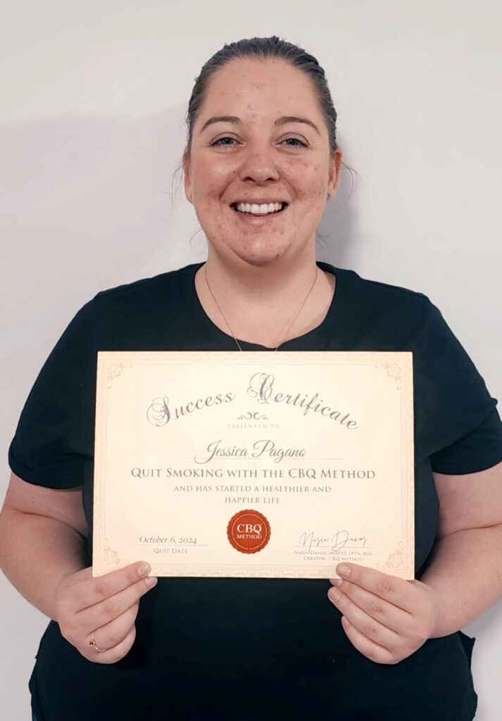 Jessica Pagano holding her CBQ Success Certificate