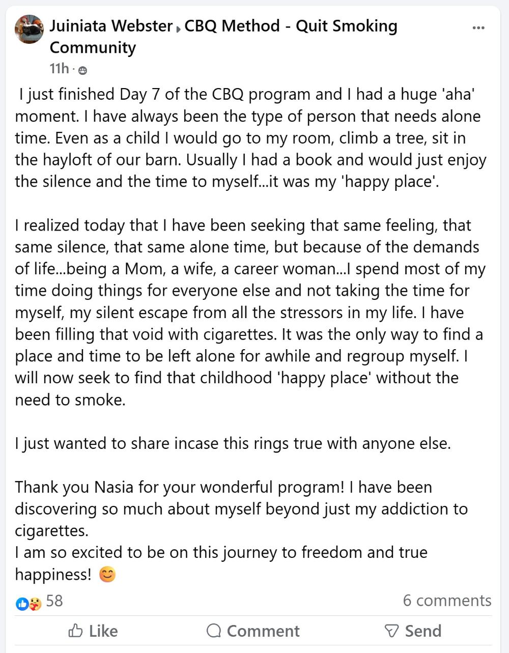 Juiniata Webster CBQ quit smoking experience
