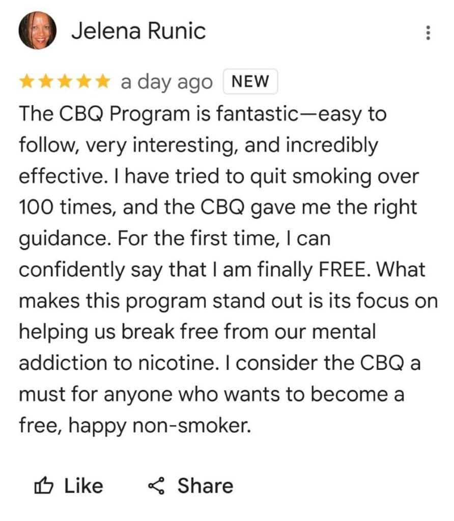 Jelena Runic quit smoking experience with the CBQ Program