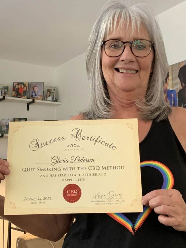 Gloria Pedersen with her CBQ Freedom Certificate