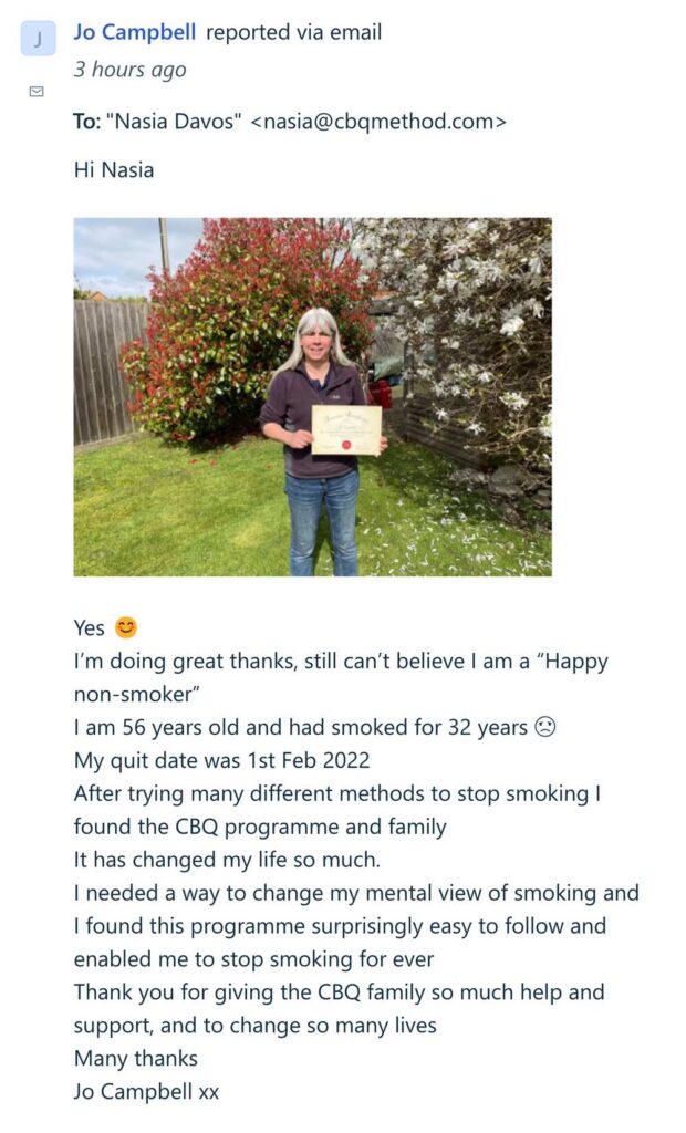 Jo Campbell quit smoking experience with the CBQ Method