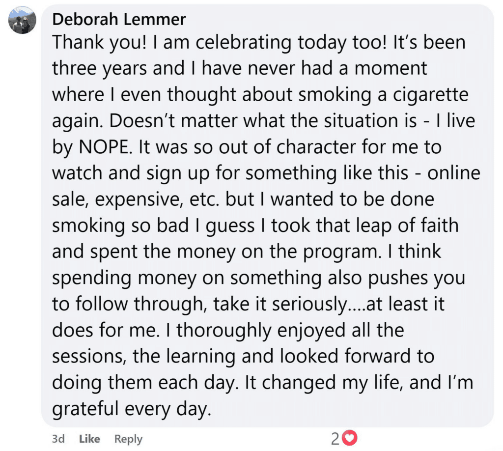Deborah Lemmber CBQ Member Celebrates 3 years smoke free