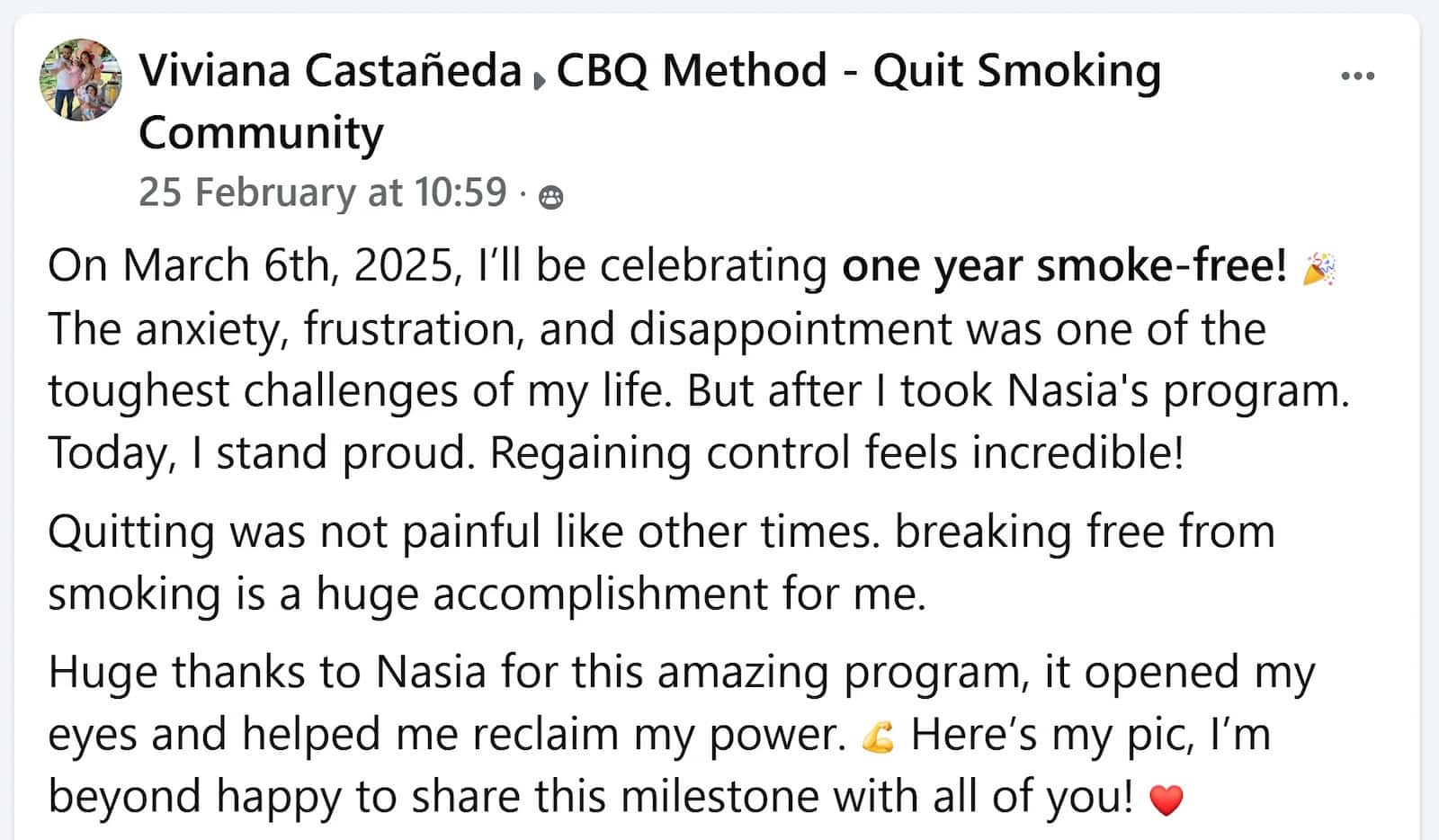 Viviana Castañeda Quit Smoking Program member, left a testimonial