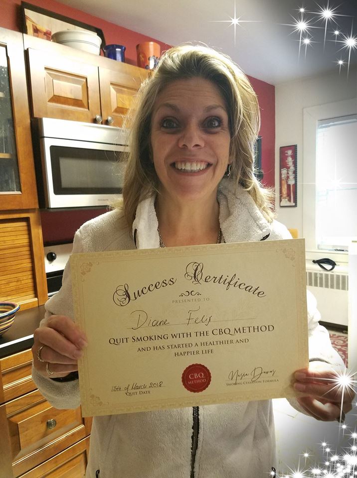 Diane Zukowski CBQ Quit Smoking Program member holding her CBQ Success Certificate