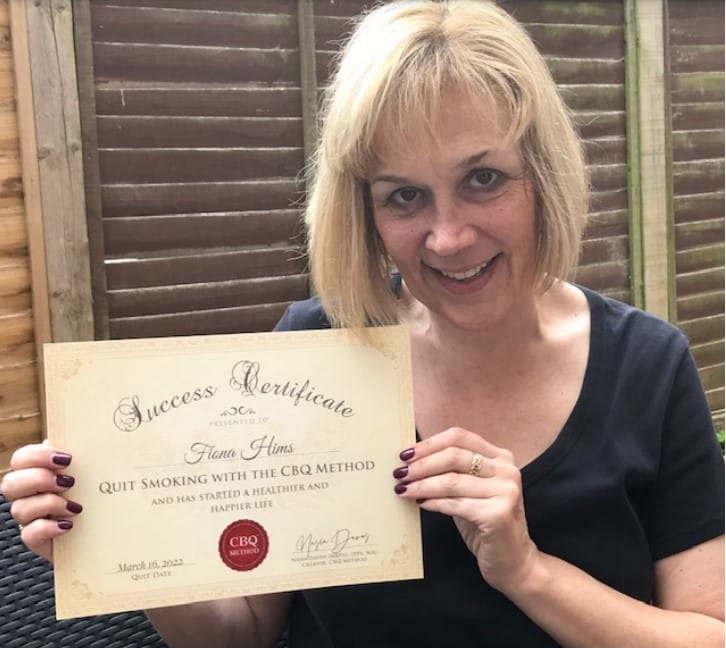Fiona Hims CBQ Quit Smoking Program member holding her CBQ Success Certificate