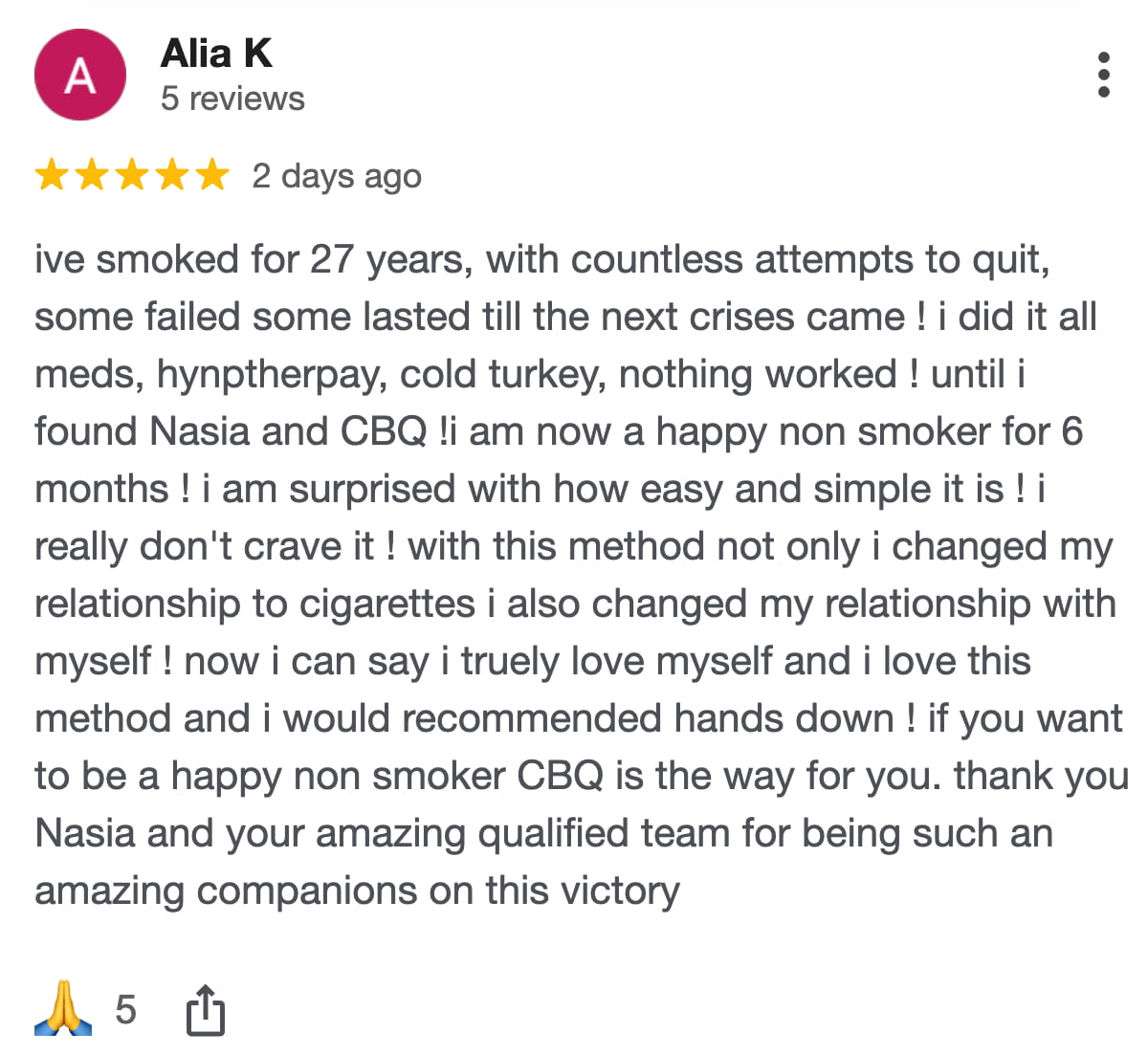 CBQ Nicotine Freedom Program member Alia K left a Google Review