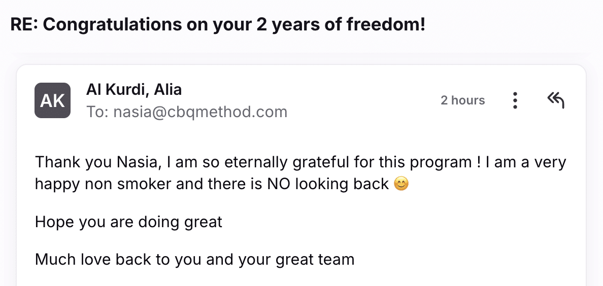 CBQ Nicotine Freedom Program member Alia Al Kurdi 2 year milestone