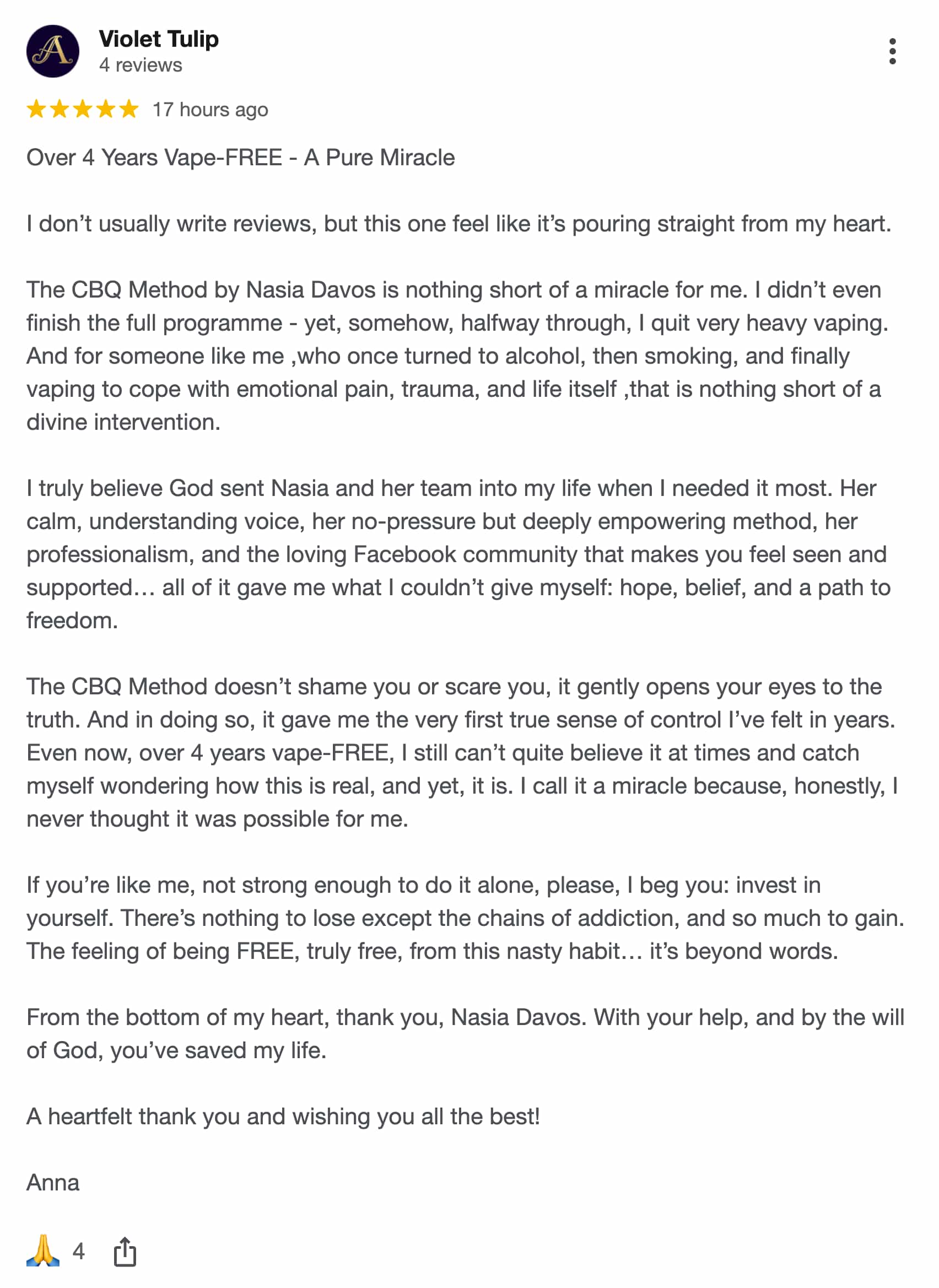 CBQ Nicotine Freedom Program member Anna Tyzo left a Google Review