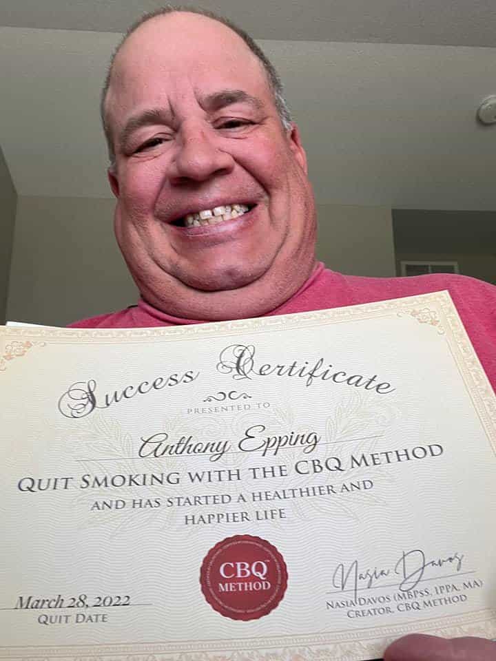 CBQ Nicotine Freedom Member Anthony Epping Holding His CBQ Success Certificate