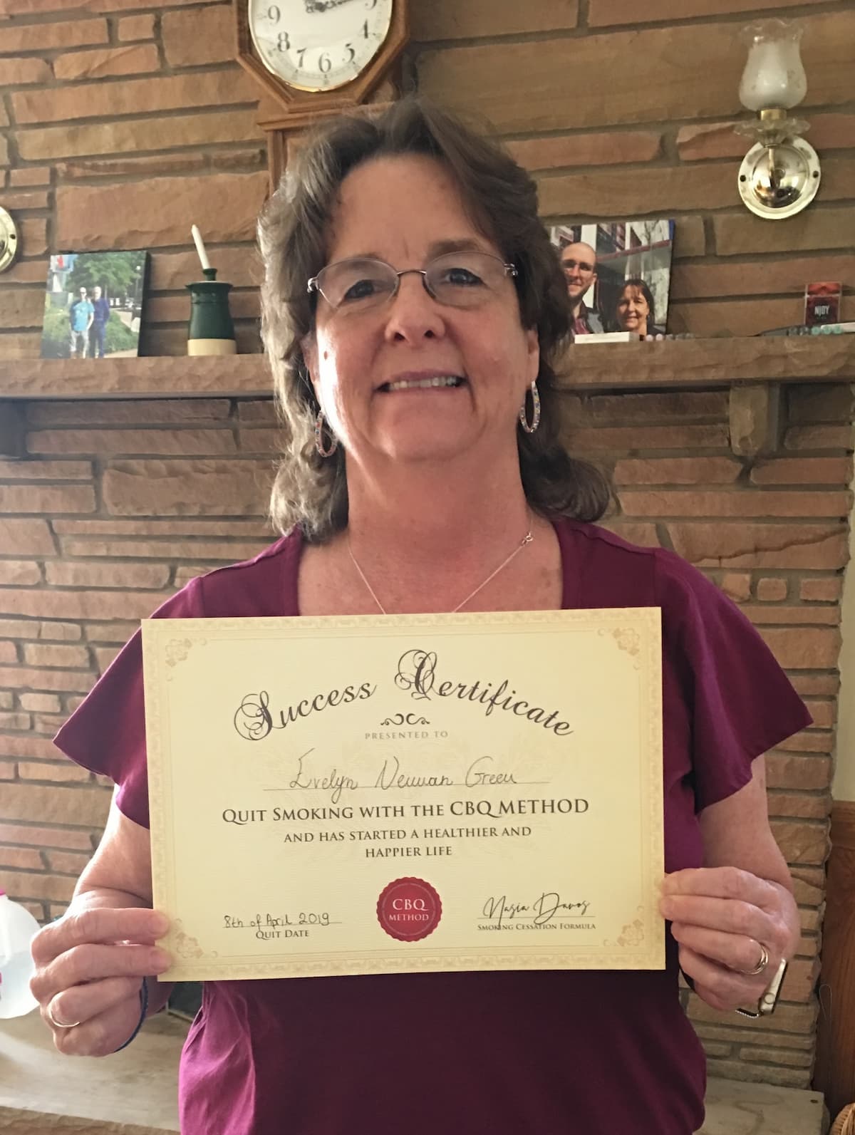 CBQ Quit Smoking Program Evelyn Neiman Green Holding Her CBQ Success Certificate