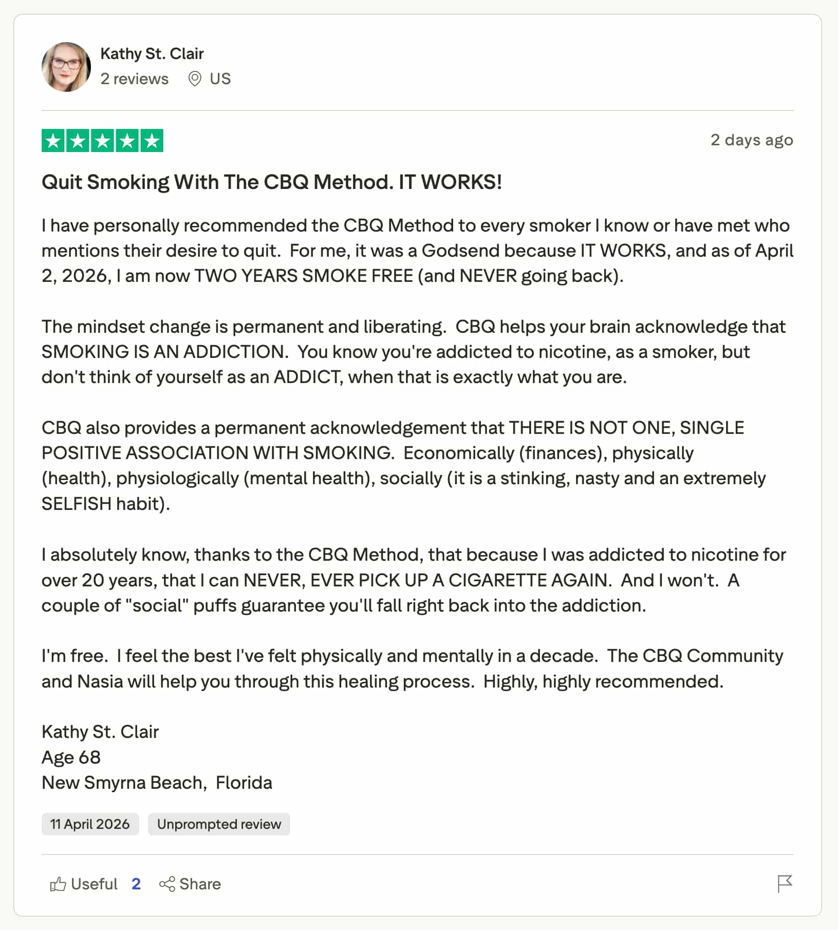 CBQ Nicotine Freedom Member Kathy St. Clair TrustPilot Review