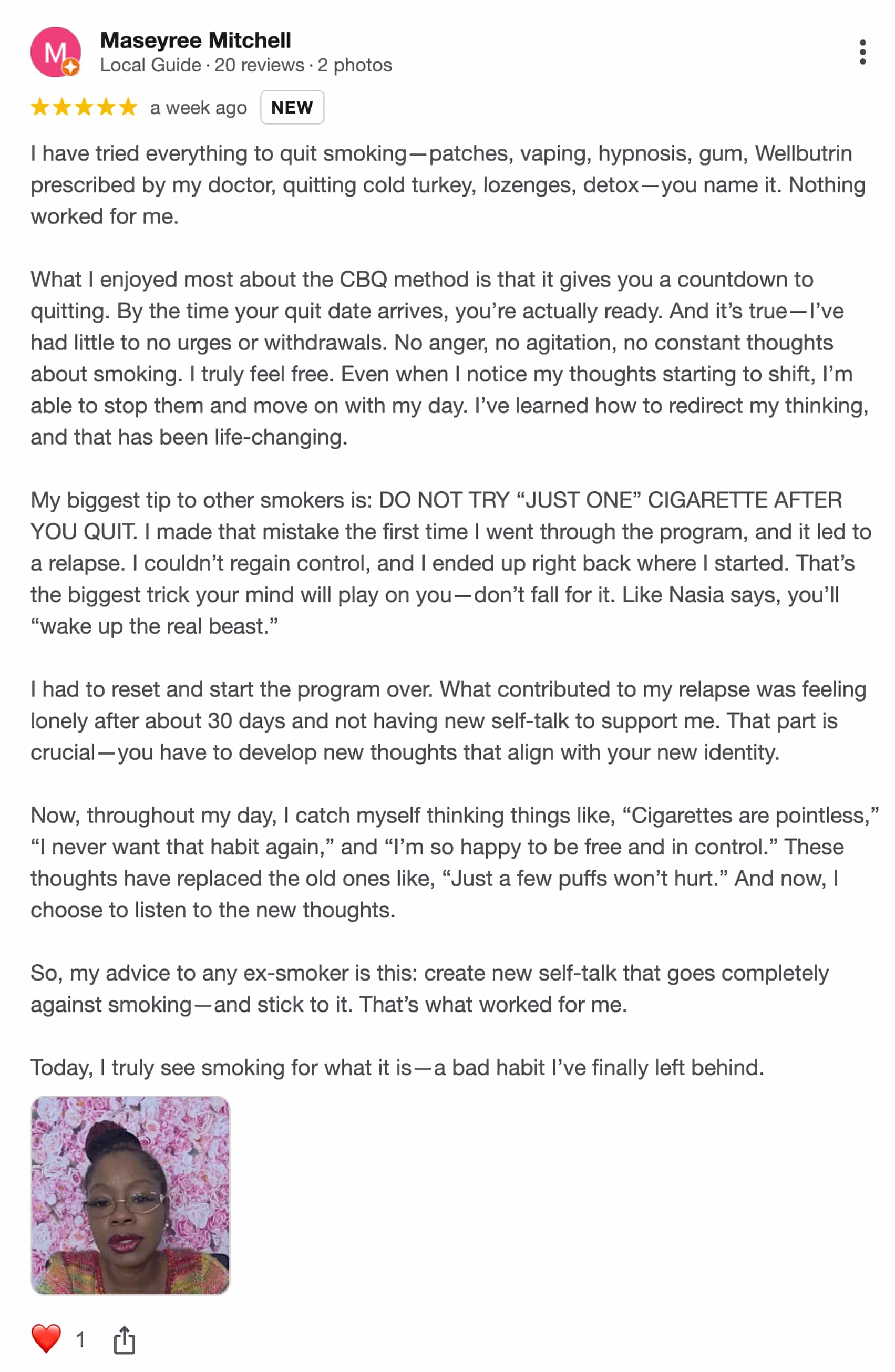 CBQ Nicotine Freedom Member Maseyree Mitchell Google Review