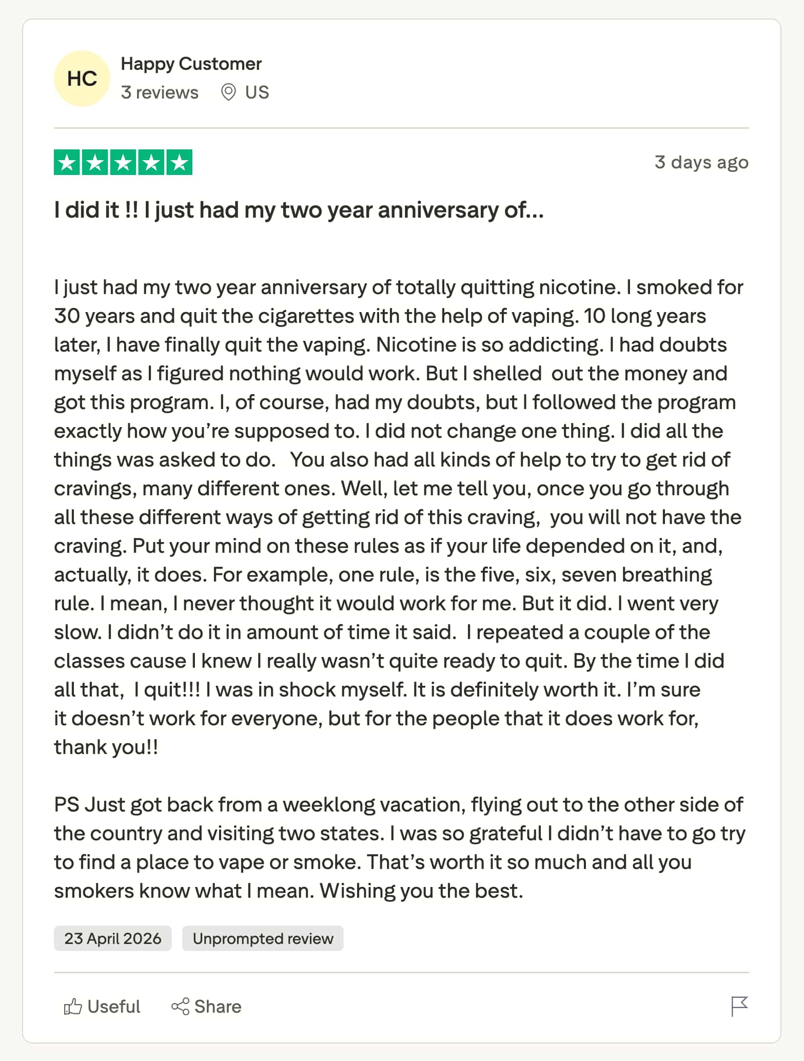 CBQ Nicotine Freedom Program member Patty Davis celebrates 2 year vape-free
