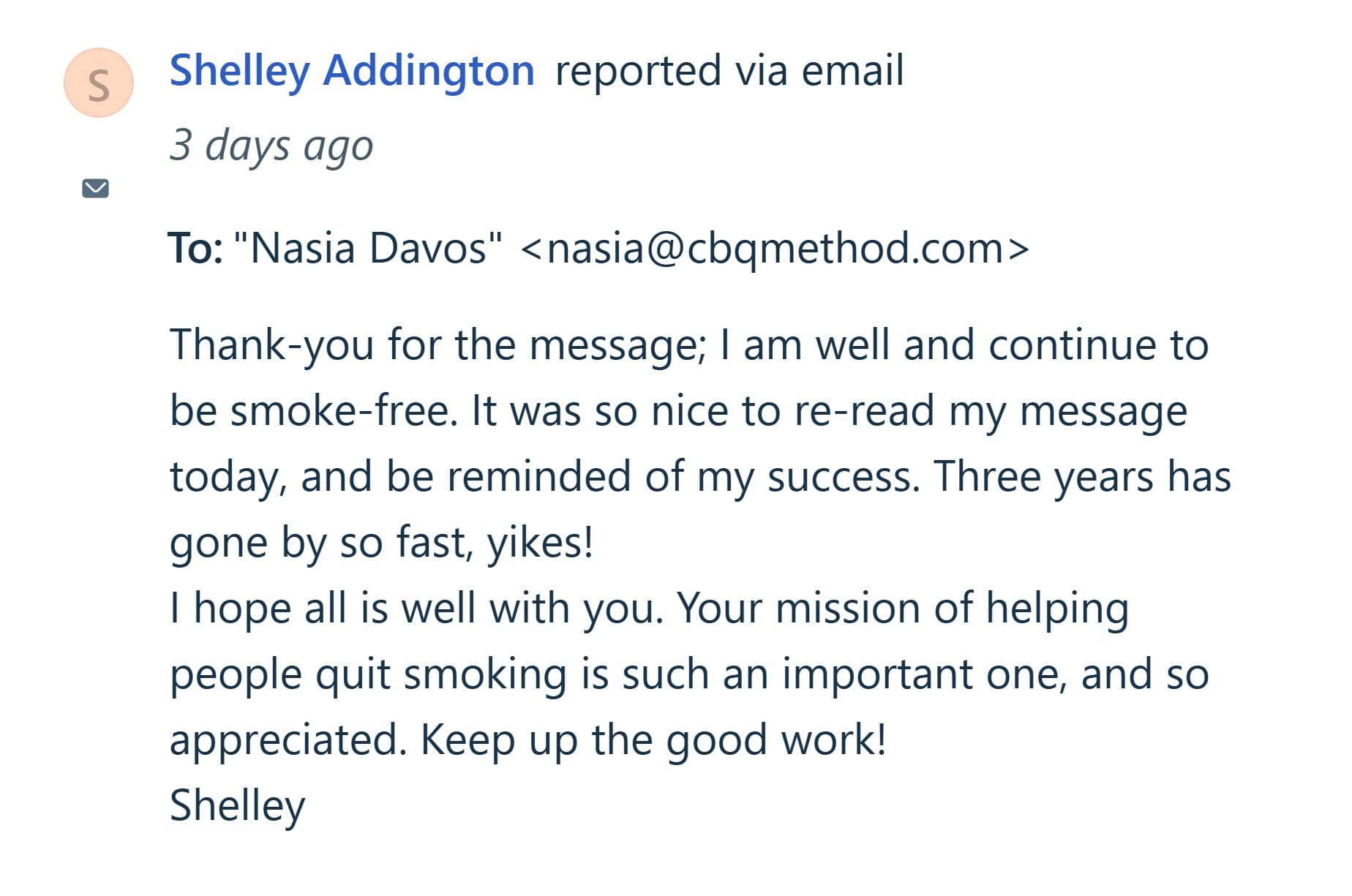 CBQ Nicotine Freedom Program member Shelley Addington smoke-free