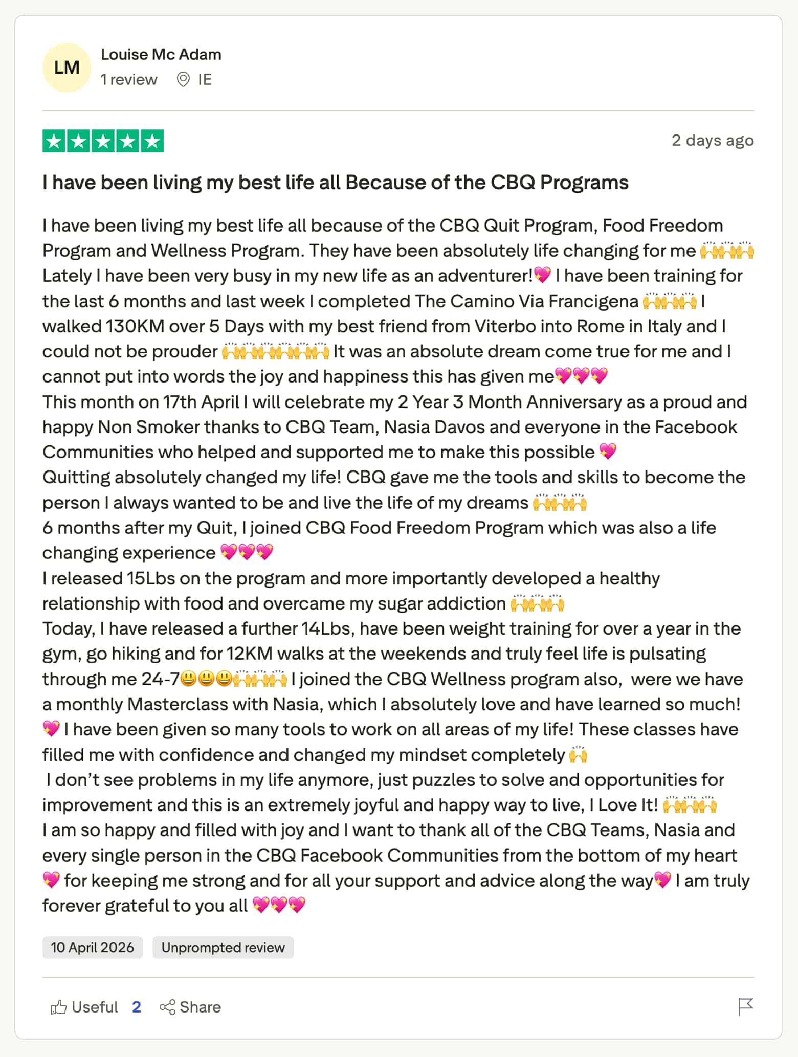 CBQ Nicotine Freedom Member Louise O'Reilly McAdam TrustPilot Review