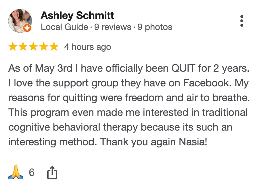 CBQ Nicotine Freedom Program member Ashley Schmitt left a Google Review
