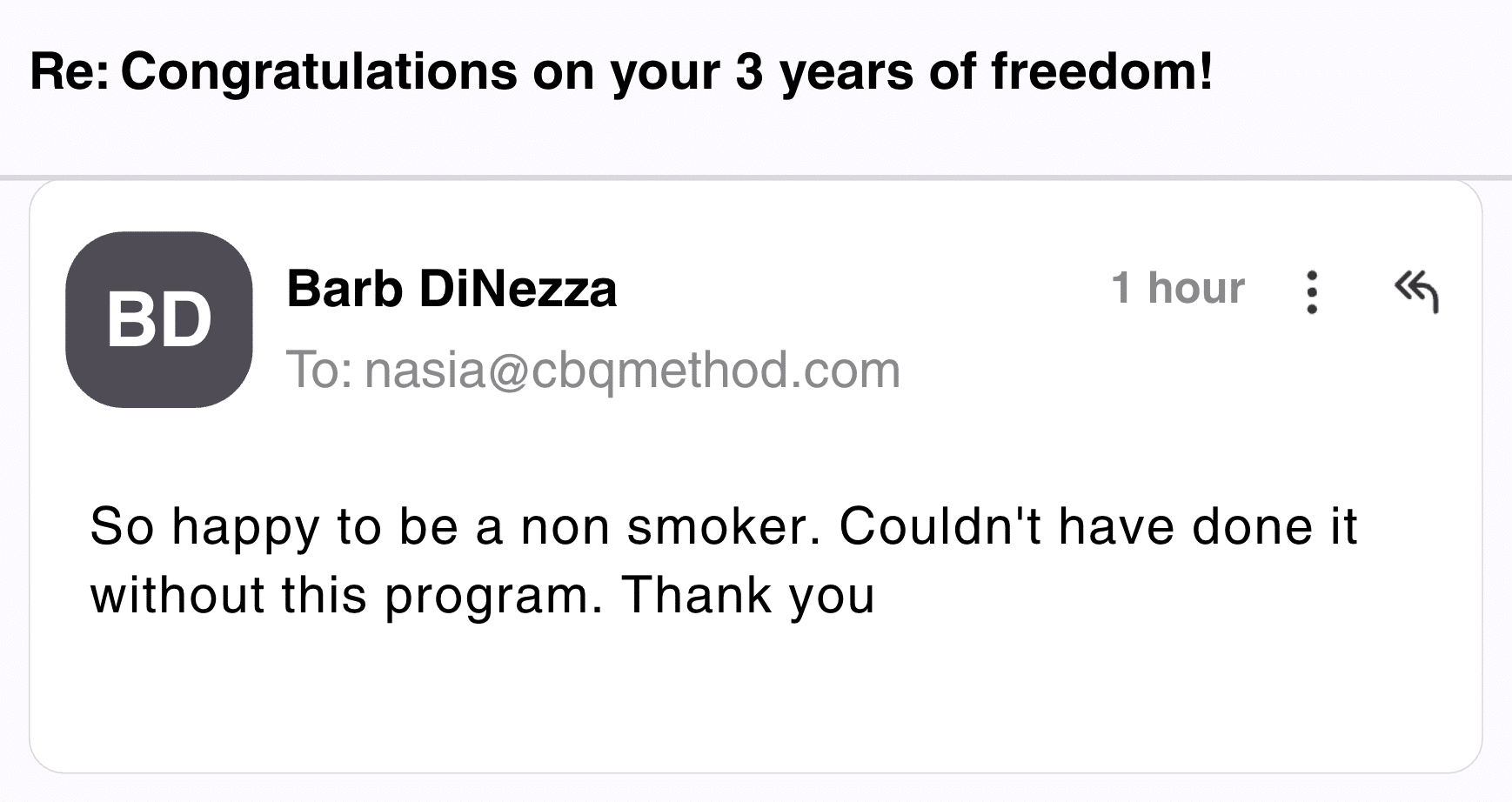 CBQ Nicotine Freedom Program member Barb DiNezza 3 years smoke-free