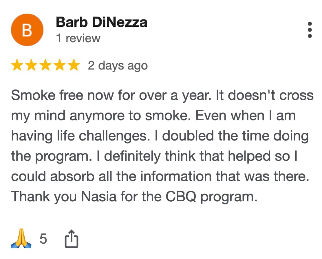 CBQ Nicotine Freedom Program member Barb DiNezza left a Google Review