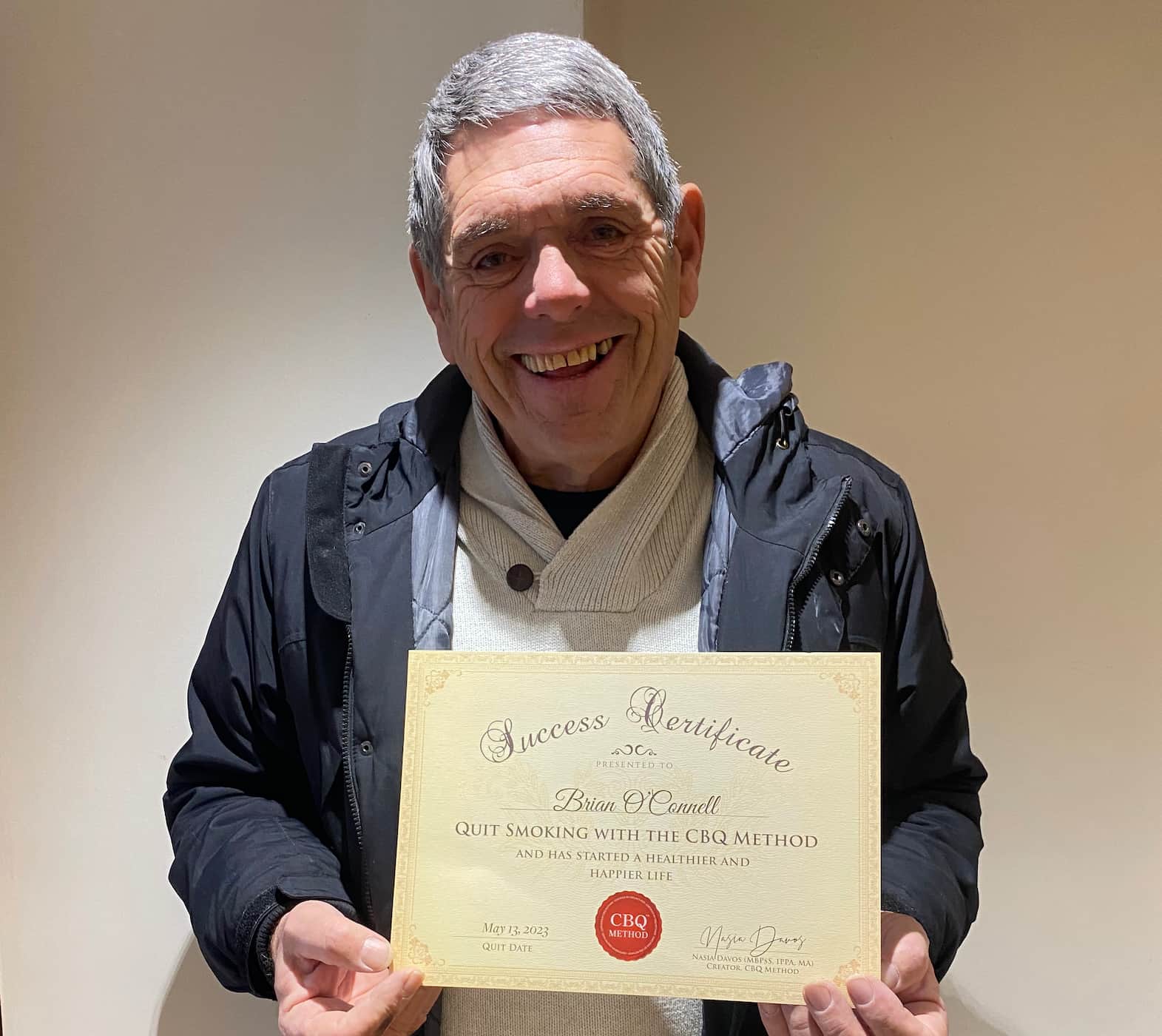 CBQ Nicotine Freedom Program member Brian O'Connell with his success certificate