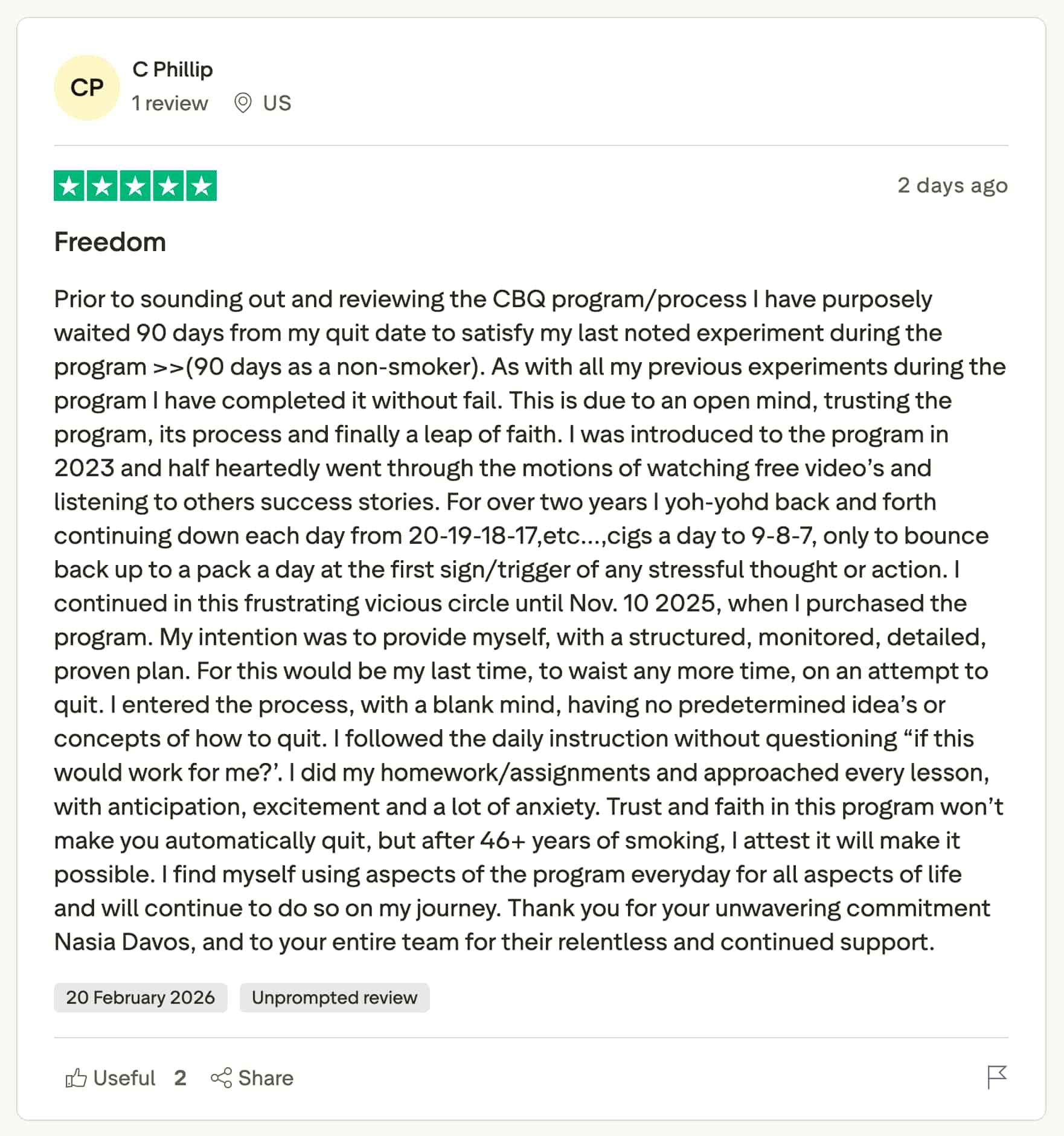 CBQ Nicotine Freedom Program member Christian Bakke left a TrustPilot review