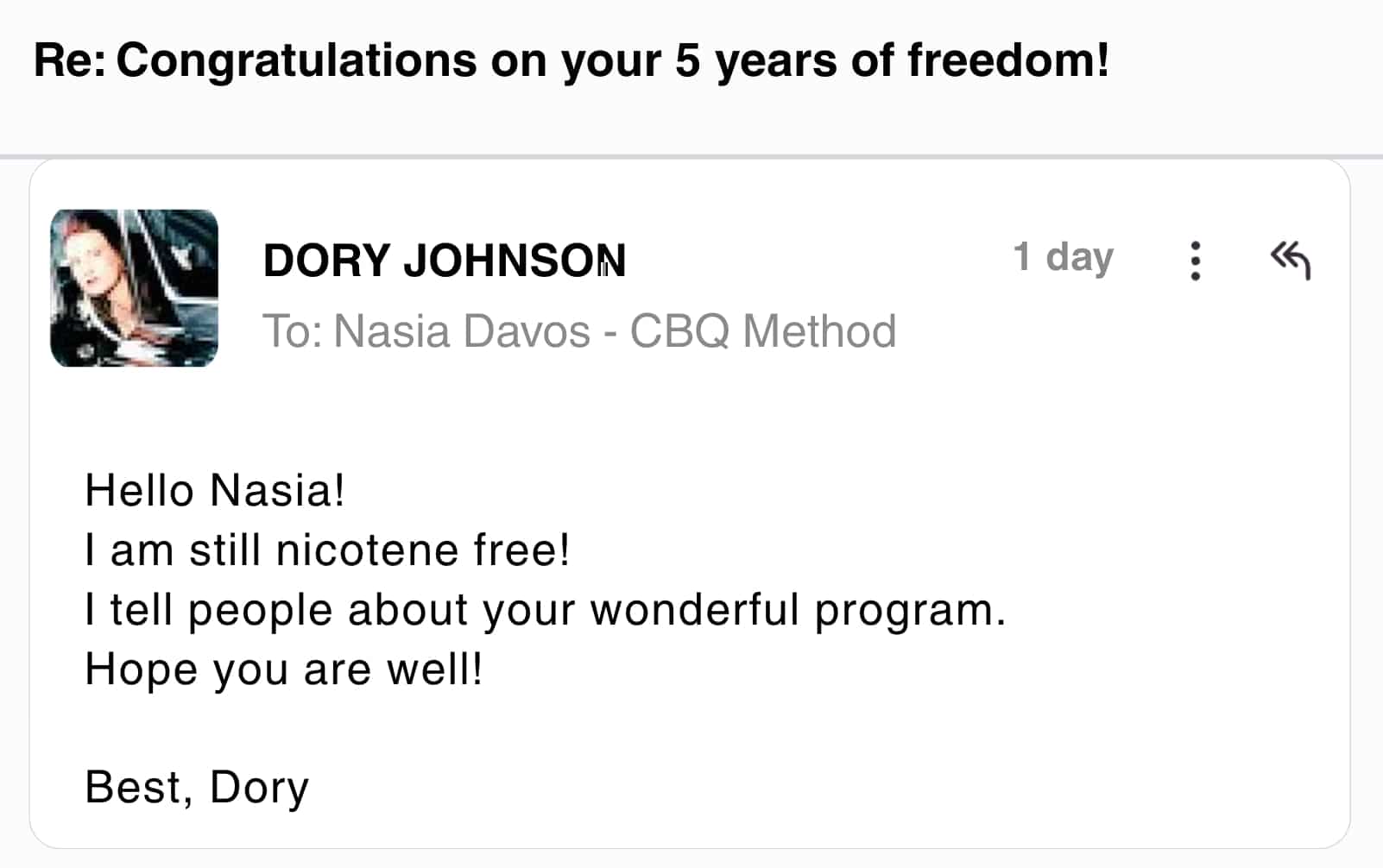 CBQ Nicotine Freedom Program member Dory Johnson celebrates 5 year nicotine-free