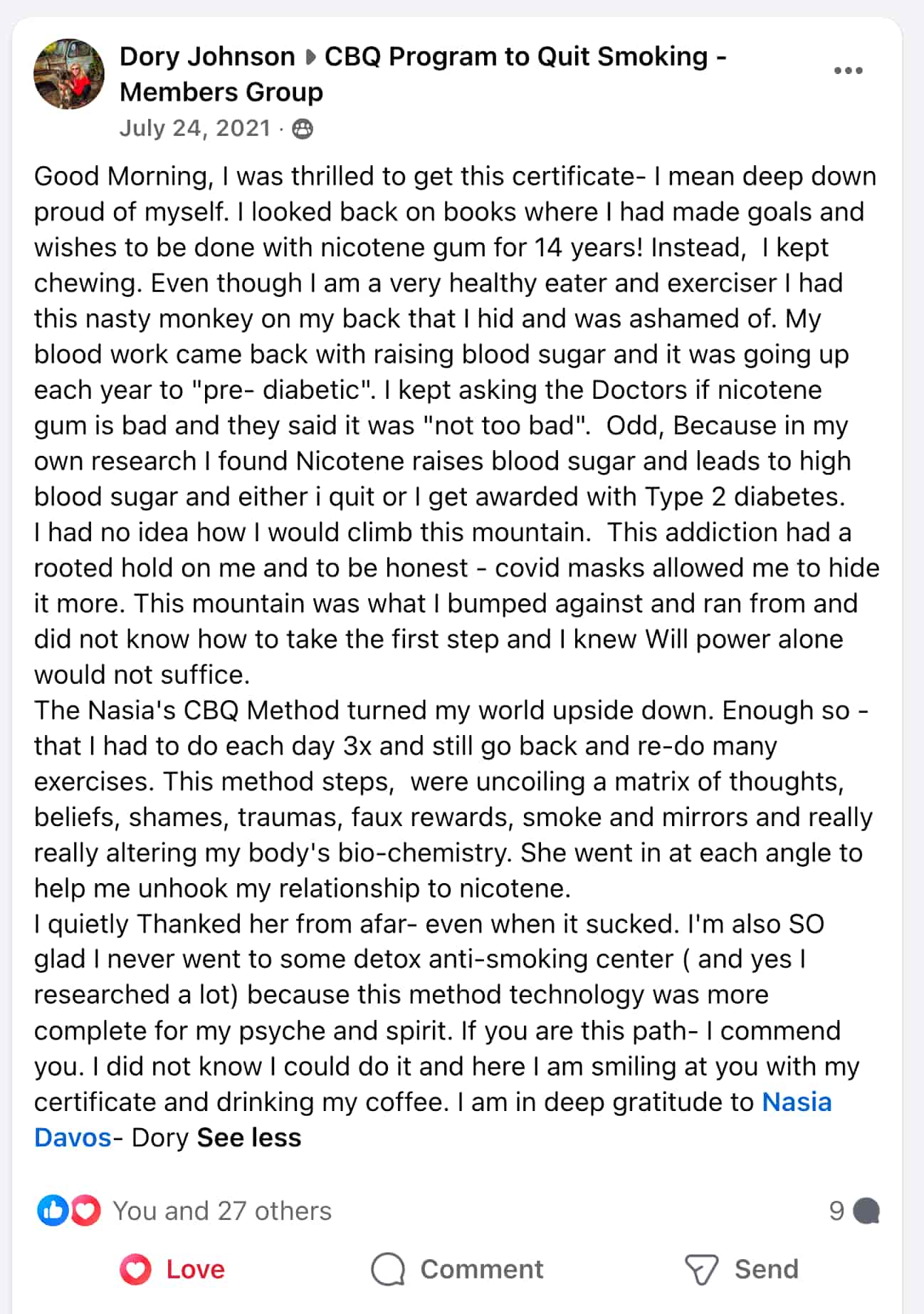 CBQ Nicotine Freedom Program member Dory Johnson quit smoking