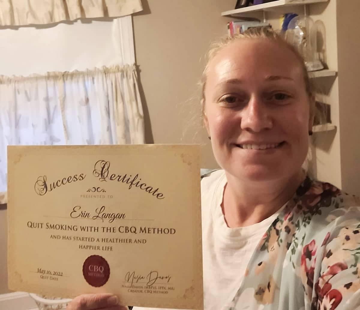 CBQ Nicotine Freedom Program member Erin Langan with her CBQ Success Certificate