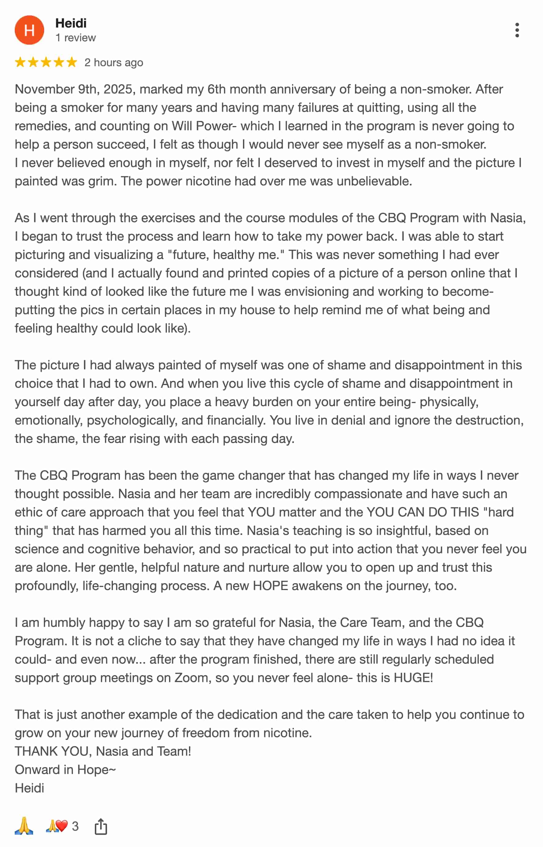CBQ Nicotine Freedom Program member Heidi Mosher left a Google Review
