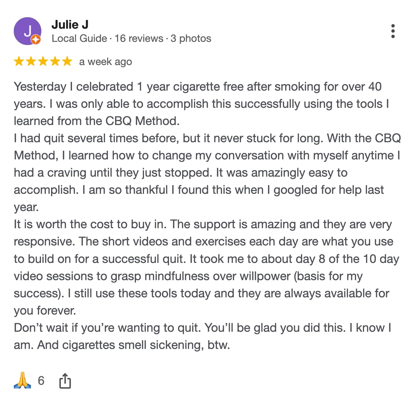 CBQ Nicotine Freedom Program member Julie Johnson left a Google Review