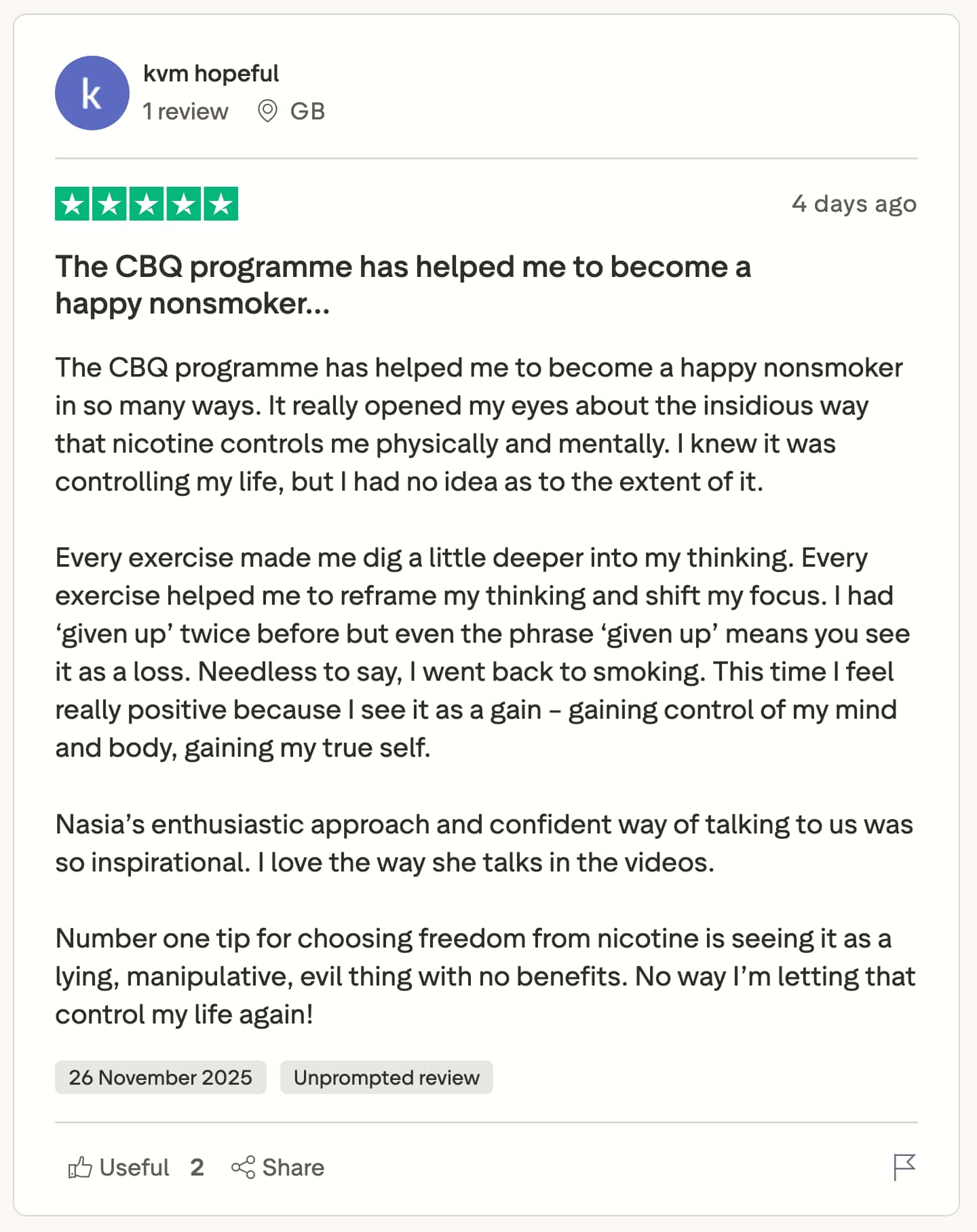CBQ Nicotine Freedom Program member Karen Marshall left a TrustPilot review