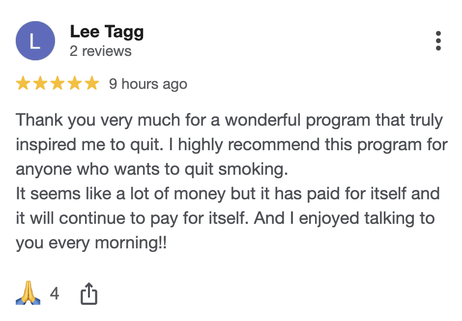 CBQ Nicotine Freedom Program member Lee Tagg left a Google Review